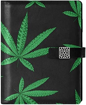 Hemp Cannabis Leaf Marijuana in On Black Refillable Journal Writing Notebook, PU Leather Hardcover Diary Note Book, Planner A5 Ruled Notepad for Agenda with Pen Holder